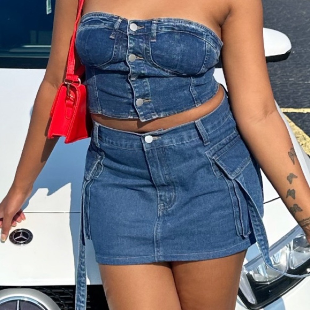 Two piece denim skirt set